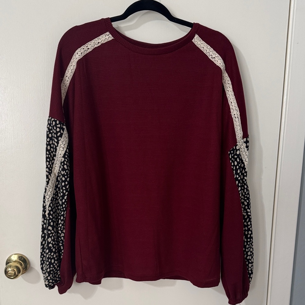 Women's Burgundy Long Sleeve Top with lace and dot accents - Grace & Emma brand